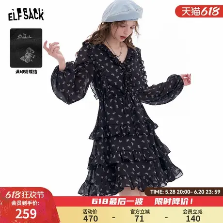 妖精的口袋蝴蝶结满印黑色长袖连衣裙女2025春夏新款掐腰气质裙子图片