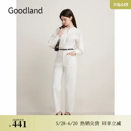 Goodland美地春季法式优雅双腰头直筒长裤白色牛仔裤图片