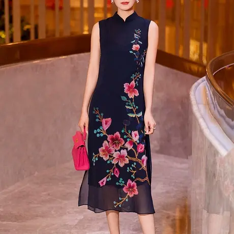 新中式连衣裙女2025夏季新款优雅气质蓝色国风印花立领雪纺a字裙图片