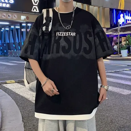 短袖t恤男夏季薄款假两件纯棉衣服2025新款美式高街百搭半袖衫潮商品大图