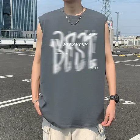 背心男夏季新款纯棉休闲美式无袖T恤港风运动上衣ins潮牌男生坎肩商品大图