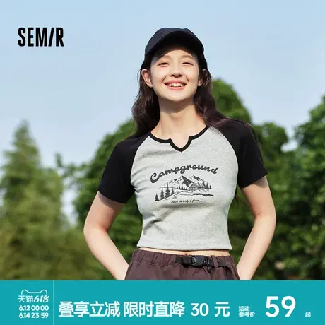 森马短袖T恤女短款紧身小个子显瘦2025夏新款印花插肩袖衣服山系商品大图
