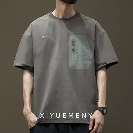 潮流拼接短袖t恤男宽松大码美式工装半袖打底衫2025新款夏季服装商品大图
