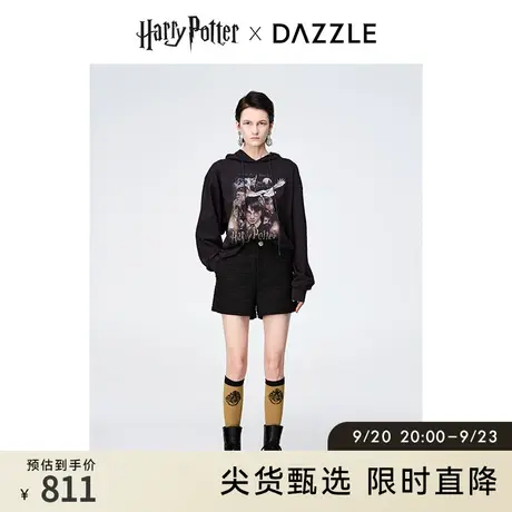 DAZZLE地素奥莱秋黑色哈利波特联名百搭宽松图案钉珠连帽卫衣女图片