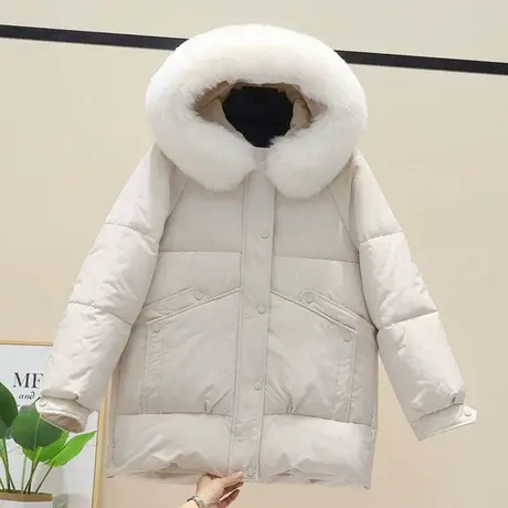 大毛领羽绒棉服女2023年新款中长款韩版保暖时尚阔型冬羽绒棉外套商品大图