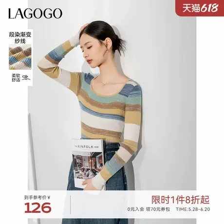 【抗起球】LAGOGO多巴胺条纹针织衫女拉谷谷春秋新款纯欲修身上衣商品大图