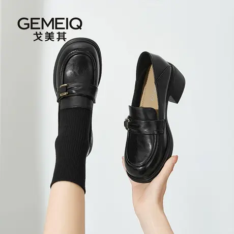 戈美其女2025春季复古增高乐福鞋新款黑色一脚蹬小皮鞋不累脚单鞋图片