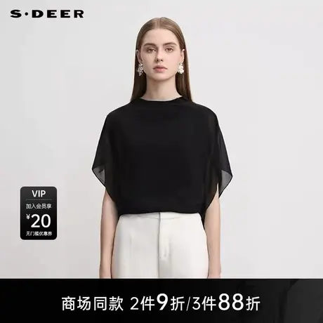 【商场同款】sdeer圣迪奥女时尚圆领不规则雪纺拼接T恤S25280162图片