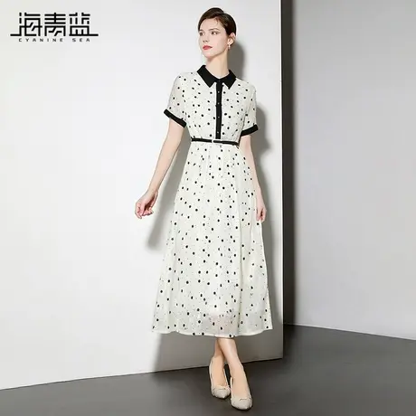 海青蓝时尚气质翻领短袖印花连衣裙女2025夏季新款减龄显瘦中长裙图片