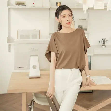 桔熊夏季简约休闲宽松落肩蝙蝠袖t恤纯色中长款上衣女大码AB18211图片