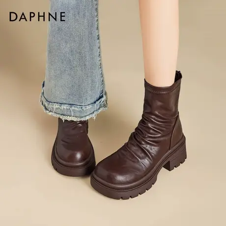 达芙妮美拉德短靴子女夏2025新款复古棕色堆堆靴小个子厚底马丁靴商品大图