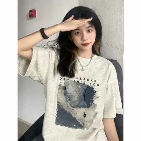 2025夏季新款正肩短袖T恤女重磅纯棉宽松显瘦设计感小众半袖上衣商品大图