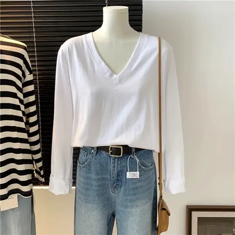 白色V领长袖T恤女2023春秋新款宽松显瘦简约上衣内搭纯棉打底衫图片