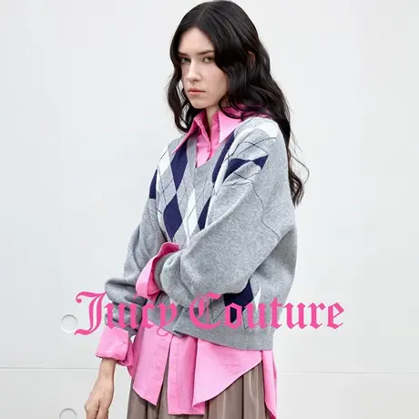 Juicy Couture橘滋针织衫女2025年秋季新款灰色学院风菱格V领上衣图片