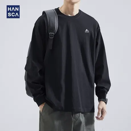 hansca 秋季260g黑色长袖t恤男日系宽松圆领纯棉印花百搭套头上衣商品大图