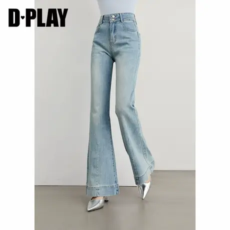 DPLAY2025秋季新款蓝色微喇牛仔裤女弹力浅色高腰裤子喇叭裤长裤图片