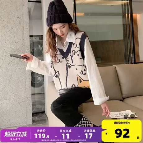 唐狮2025秋冬季女毛衣好多猫猫V领套头马甲可爱休闲日常宽松商品大图