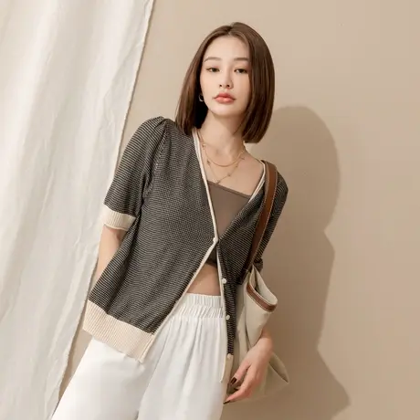 桔熊春夏季通勤简约V领花纹针织衫小外套短袖上衣女装大码FA2734商品大图