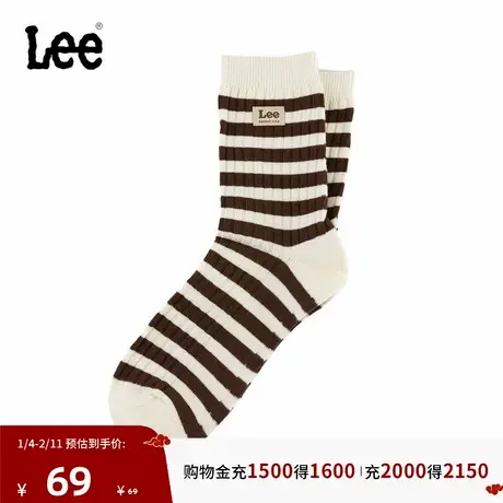 Lee韩国设计25秋冬新品舒适版织标Logo透气吸汗棕白条纹女中筒袜商品大图