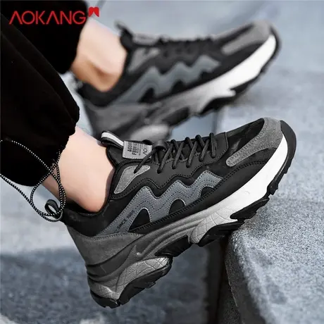 奥康男鞋2025新款冬季透气休闲运动跑步鞋加绒皮面增高厚底老爹鞋商品大图