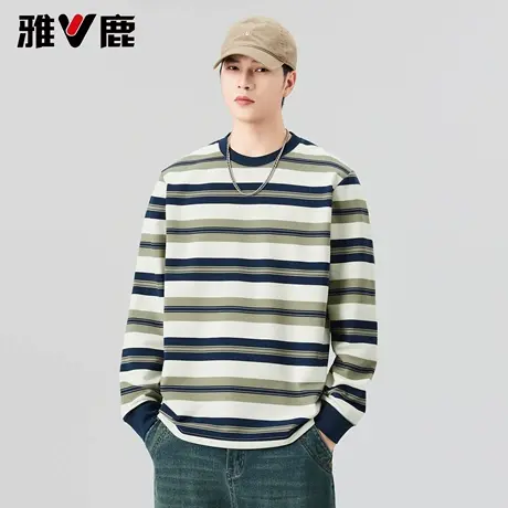 雅鹿文艺圆领条纹长袖T恤男2026春季新款青年时尚宽松舒适打底衫商品大图