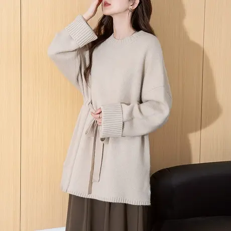 唐狮秋冬毛衣女气质风腰带设计长款套头春秋可外穿休闲上衣慵懒tu图片