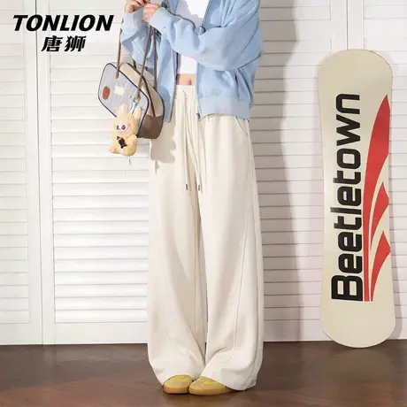 唐狮官方杏色运动裤女款2026新款春秋款宽松直筒休闲直筒阔腿裤VB图片