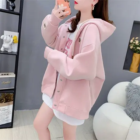 粉色连帽开衫卫衣女秋季2023年新款宽松慵懒风百搭休闲设计感外套商品大图