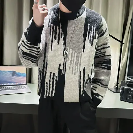 冬季撞色毛衣男个性ins潮牌不规则休闲圆领内搭针织毛线衣体恤商品大图