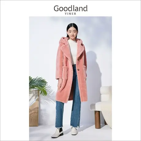 音儿美地女装2022冬季新款羊剪毛纯羊毛连帽呢子大衣外套商品大图