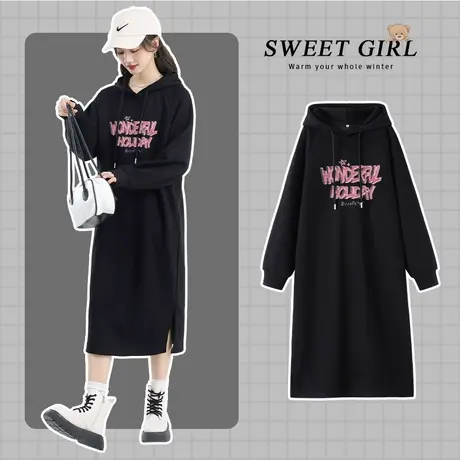 VR真维斯黑色卫衣连衣裙女秋季2023新款法式裙子连帽长袖气质长裙图片