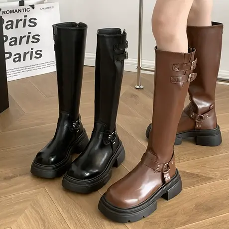 厚底长筒靴女2023春秋季新款小个子复古法式西部牛仔靴粗跟骑士靴商品大图