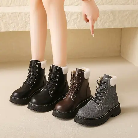 2023冬新款加绒马丁靴女时尚休闲复古厚底短靴时尚百搭平底女靴子图片