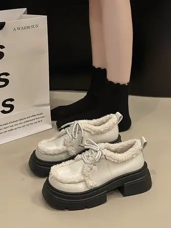 高级感粗跟厚底乐福鞋女2023新款小皮鞋加绒冬款女鞋高跟法式通勤商品大图