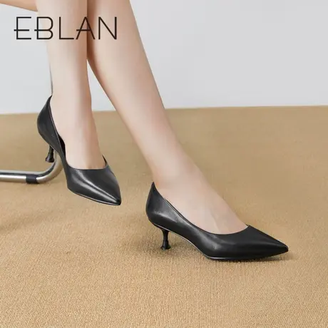 EBLAN伊伴春季女鞋通勤正装高跟鞋黑色细跟职场女性小皮鞋单鞋女图片