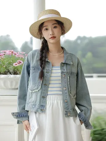 设计感小众短款牛仔外套女宽松春夏百搭复古浅蓝色夹克网红上衣潮图片