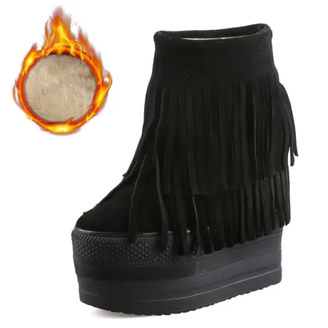 内增高单靴子14cm松糕高跟流苏靴女恨天高真皮加绒防水台厚底短靴图片