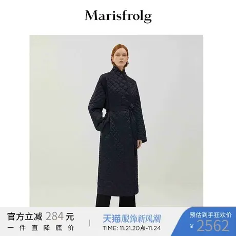 【菱格纹】玛丝菲尔2022年春季新款黑色缎面白鹅绒羽绒服长款收腰商品大图