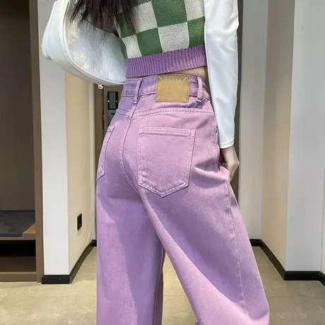 紫色高腰阔腿牛仔裤女春秋季2025年新款美式小个子宽松显瘦直筒裤图片