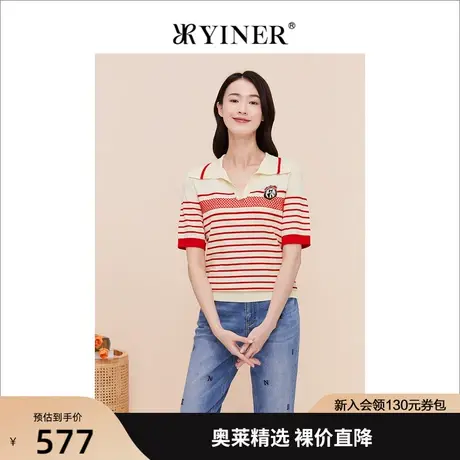 【赫本猫联名】YINER音儿女装2023夏新款条纹翻领针织衫商品大图