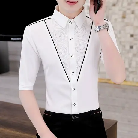 发型师个性短袖衬衫夏季男士痞帅韩版修身七分袖工装潮流中袖衬衣商品大图