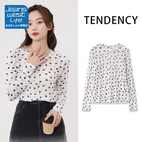 真维斯LIFE网纱打底衫女2023夏新款高级感防晒长袖体恤女士上衣V商品大图