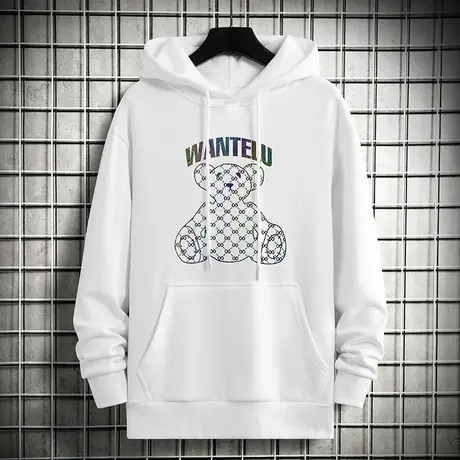 白色卫衣男连帽外套2024新款秋冬加绒宽松潮流小熊长袖带帽衫百搭商品大图