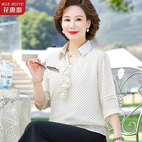 妈妈夏装七分袖洋气飘带上衣40岁50中年女装春装气质衬衫T恤小衫商品大图
