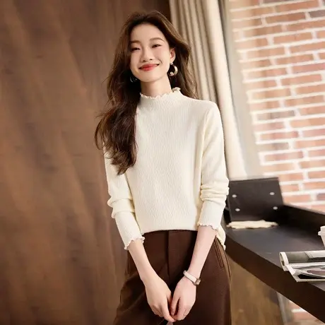 时尚气质毛衣2023年冬季新款女百搭花边半高领加绒套头修身内搭图片