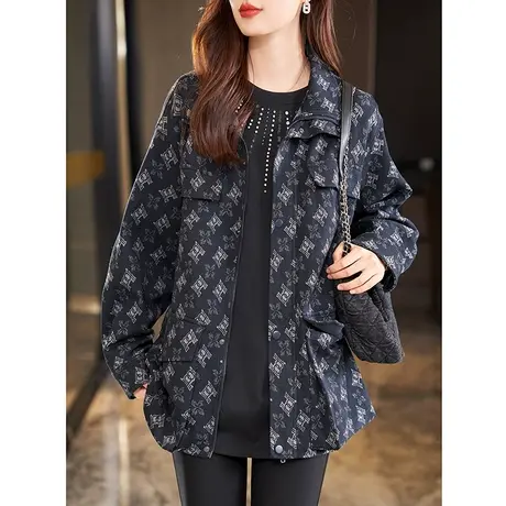 宝诗黎翻领印花拉链开衫女秋季2023新款宽松休闲外套时尚韩版上衣商品大图