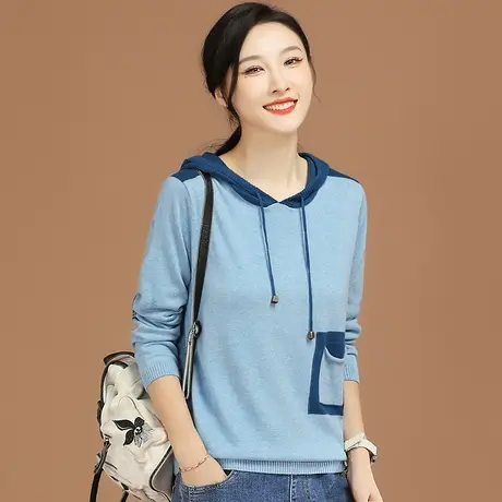 韩潮袭人撞色连帽长袖针织衫上衣女2024春季新款百搭显瘦套头毛衣图片