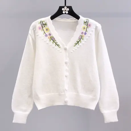 小清新刺绣小花毛衣外套女秋冬2023日系甜美减龄长袖V领针织开衫商品大图