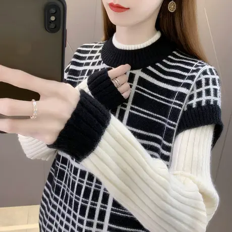 假两件圆领毛衣女宽松夹色套头2023年秋冬新款针织衫洋气外穿上衣图片