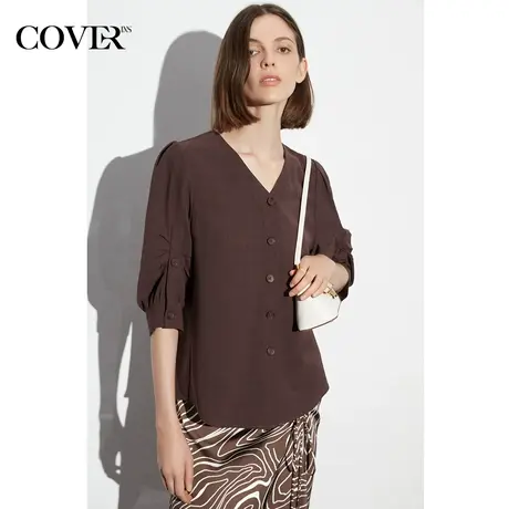 COVER夏季捏褶泡泡袖树脂扣V领衬衫图片